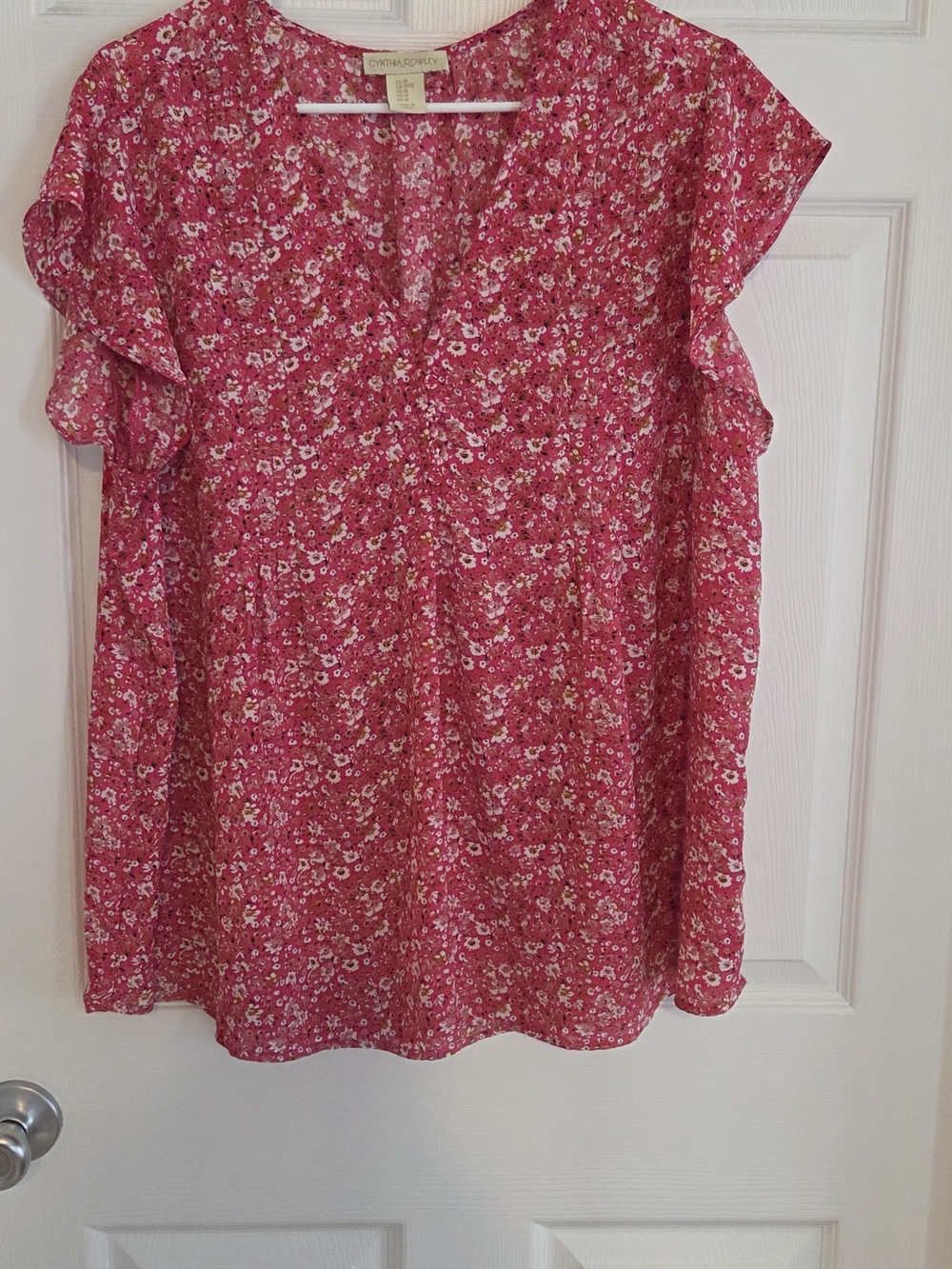 Cynthia Rowley Hot Pink Floral V-Neck Ruffle Sleeve Top